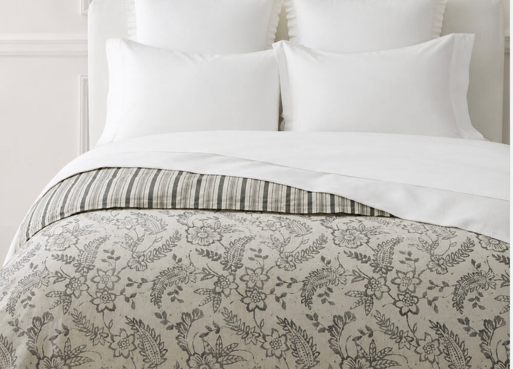 Ralph Lauren Queen Duvet Cover Sara Cotton Paisley Striped White Grey